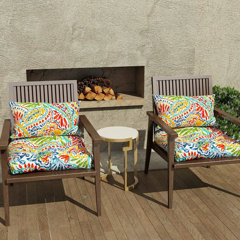 All Weather Tufted Wicker Chair Cushions Set Of 2 For Outdoor Patio Or Indoor Use, 19 Inch By 19 Inch By 4 Inch, Decorative Paisley Multi
