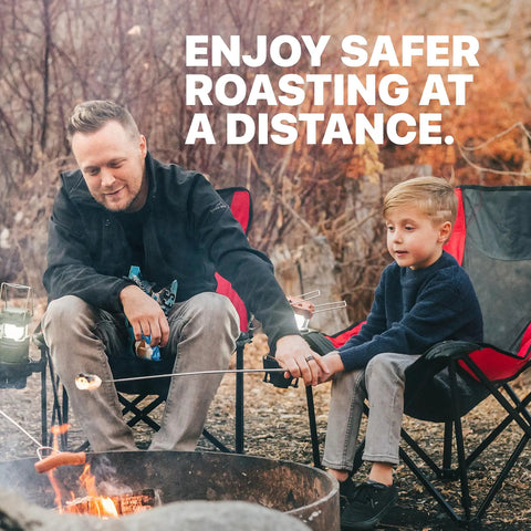 Father and son using 32 Inch Smores Skewers 5 Pack For Campfire Marshmallow Roasting Stainless Steel Roasting Forks outdoors