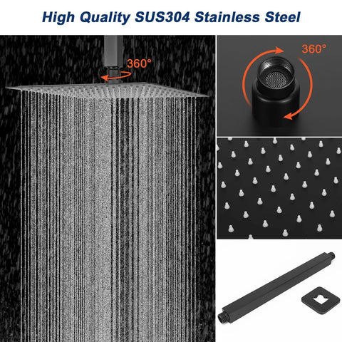 12 Inch Ceiling Mount Shower System With High Pressure Rainfall Shower Head, SUS304 Stainless Steel, 360-degree rotation