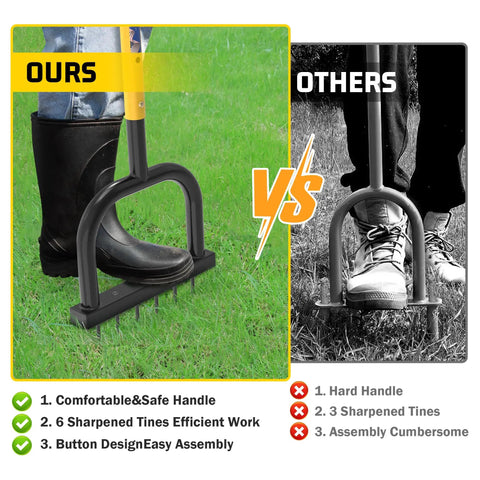 Comparison of a Spike Lawn Aerator With Six 2.4 Inch Tines and a competing model showing handle comfort and tine efficiency.