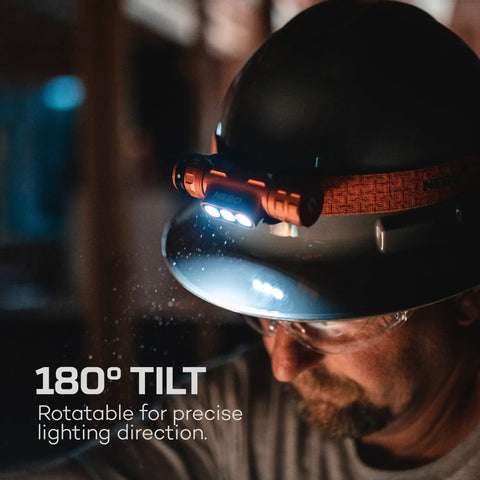 HL1000 LED Headlamp Pro Series Ultra Rugged And Rechargeable 1000 Lumen Hands Free Light with 180 Degree Tilt on worker's helmet