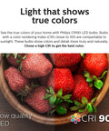 Wooden bowl of strawberries under different lighting, showing the effect of LED with CRI 90 for true colors. Text overlay included.