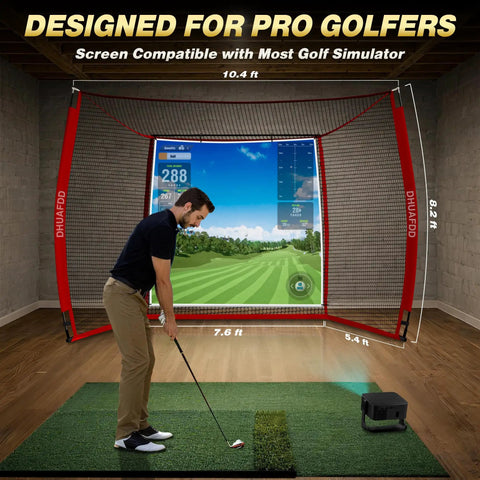 Man practicing golf swing with Golf Practice Net With Impact Screen 10 By 8 Feet, in indoor setting, using simulator.