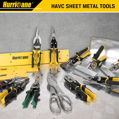 Hurricane 5-Blade Sheet Metal Crimpers Tool; yellow/black heavy-duty handles among HVAC hand tools on a metal workbench