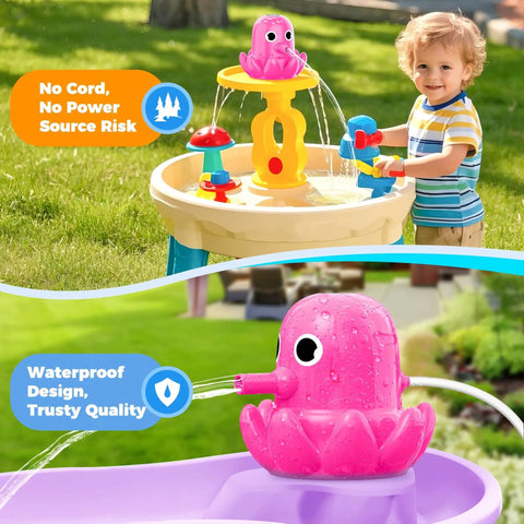 Pink rechargeable cordless octopus water table pump in outdoor play, no-drill magnetic setup, kid-friendly continuous flow.