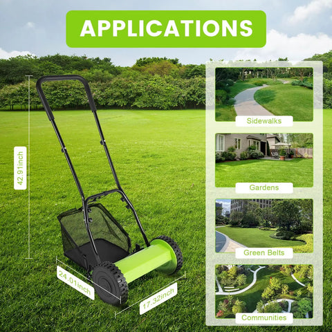 Manual Push Reel Lawn Mower With 12 Inch Cutting Width And 5 Blade System, Walk Behind Garden Mower With Adjustable Height, No Gas No Fumes Eco Friendly Quiet Yard Care For Small Lawns shown on grass
