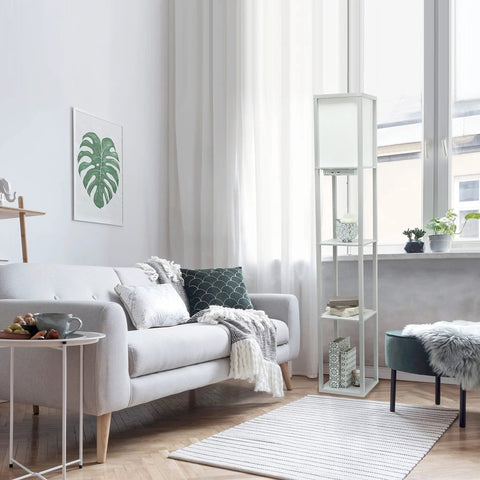 Living room with Gray Etagere Floor Lamp With 3 Shelves, 2 USB Ports, 1 Charging Outlet, Linen Shade, Soft Warm Glow, Pull Chain On Off
