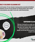 PatchWorm Multi Caliber Pocket Gun Cleaning Kit For .20 To .50 Calibers with flexible rod and caliber-specific accessories.