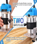 Pro Grade Palm Wood Router Kit With Edge And Roller Guides, 800W 110V Electric Trimmer showing trimming and straight guide modes.