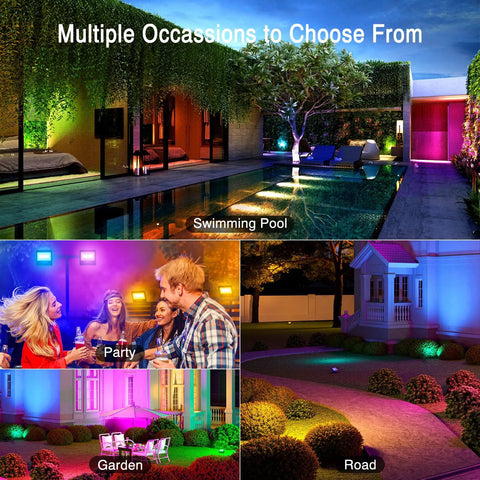 Smart RGB Flood Lights 30W With App Control, 16 Million Colors And Tunable White 2700K-6500K illuminating pool, party, garden.