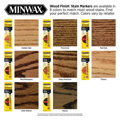 Wood Finish Stain Marker For Easy No Fuss Touch Ups Provincial Shade Nicks And Scratches On Wood Furniture And Crafts Quick DIY Woodwork Refinishing Smooth Application Realistic Color Match; product packaging and color samples.