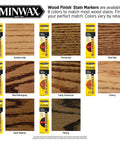 No Sweat Wood Finish Stain Marker Pen For Quick Touch Ups And Scratch Repairs On Furniture And Cabinets In Dark Ebony Shade Ideal For Diy Craft Projects And Snazzy Home Makeovers Done Right Now displayed with various wood stain colors.