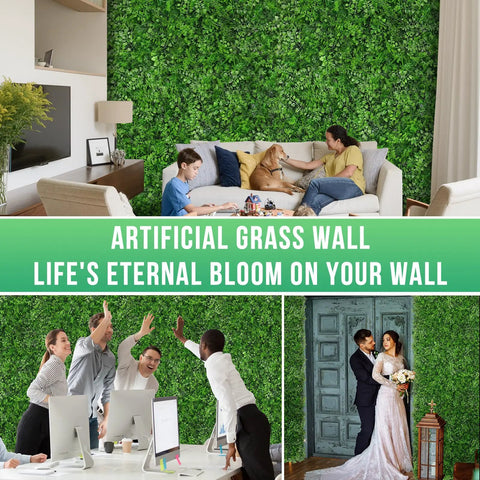 Artificial Hedge Wall Panels 20x20 Inch Boxwood Set, 12 Pieces in living room and wedding scene with greenery backdrop