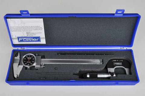Model 52-229-711-0 Mechanics Measuring Set With 0-1 Inch Micrometer And 0-6 Inch Dial Caliper in open blue case