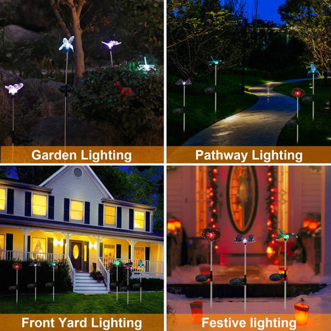 Night scene of Six Pack Solar Garden Stake Lights with Color Changing LEDs in garden, pathway, yard, and festive settings.