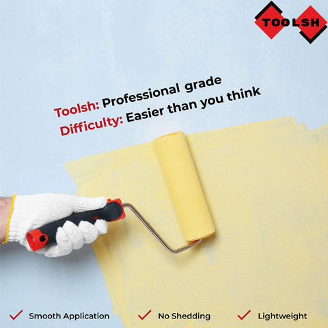 Hand using paint roller from Eight Piece Painting Roller Kit With Tray And Brushes, Pro Grade Decorating Tools For Home DIY Projects