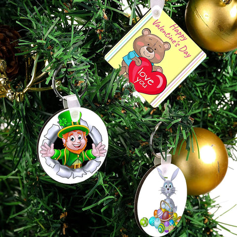 DIY Sublimation Keychains Set Double-Sided Heat Transfer Blanks on tree with bear and leprechaun designs