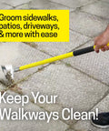 Person using Stand-Up Long-Handle Garden Hoe With 59 Inch Fiberglass Handle Cushioned Grips And Sharp Stainless Steel Blade For Weeding Edging And Mulching Multipurpose Yard Tool Yellow on pavement.