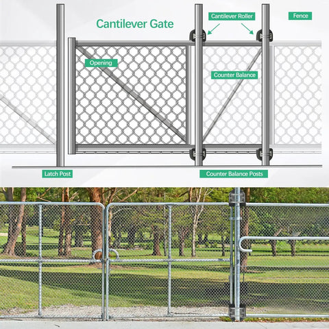 Rugged Nylon Cantilever Gate Roller Set For 2-3/8 Inch Gate Frames And 4 Inch Posts Sliding Fence Rollers For Chain Link Gates Cantilever Rail Gate Kit Pack Of 4 Built To Last. Diagram and installation of gate with rollers.