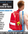 Man carrying mesh swim bag with wet and dry compartments for swimming beach and camping gear large 24 inches tall and 17 inches wide