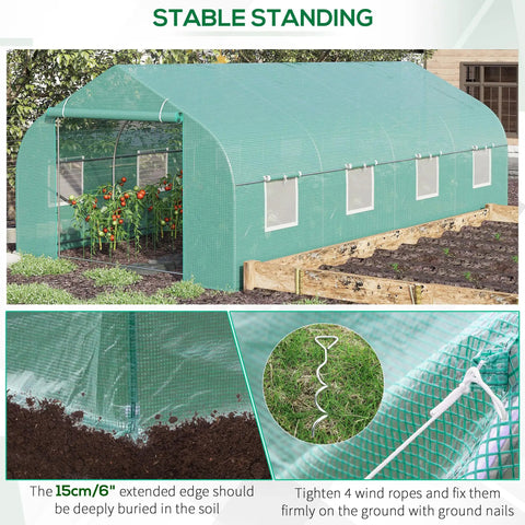 Walk In Backyard Greenhouse For Extended Growing Season 20 X 10 X 7 Feet Tunnel Style With Roll Up Windows Zippered Door PE Cover Heavy Duty Steel Frame Green