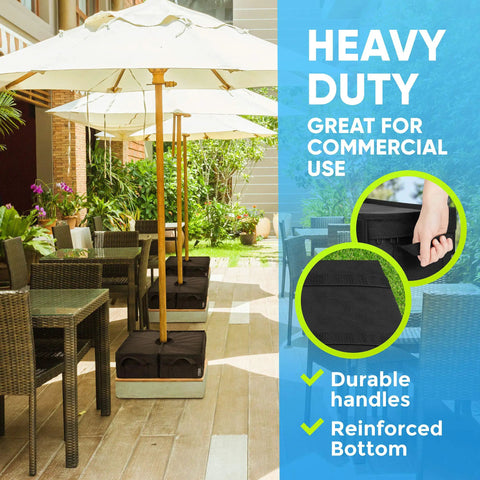 BaseMate 18 Inch Umbrella Base Weight keeps your patio umbrella steady in windy weather, used in a commercial outdoor setting.