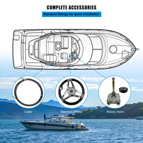 Diagram of outboard rotary boat steering kit with high performance marine cable system, steering wheel, and rotary helm.