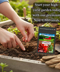Person planting seeds in a garden with a packet labeled 'Tomato' and text promoting premium Non-GMO seeds.