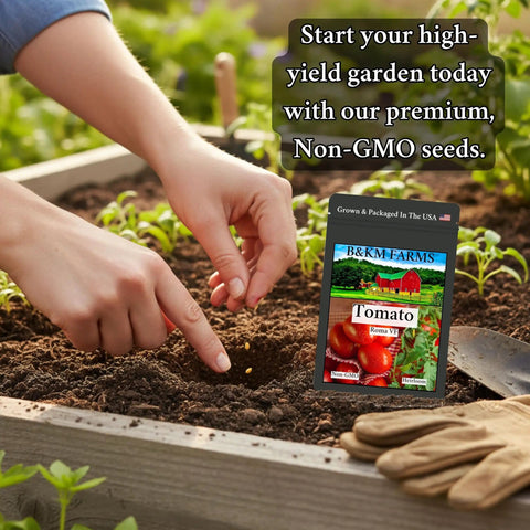 Person planting seeds in a garden with a packet labeled 'Tomato' and text promoting premium Non-GMO seeds.