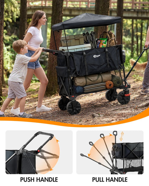 Family using Double Deck Folding Wagon With Canopy And 400L All Terrain Large Capacity Heavy Duty Cart 450 Pound Load Brakes for camping