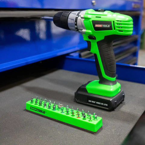 36 Piece Magnetic Hex Bit Holder Kit for fast drill bit storage with strong magnetic retention in use with a green drill.