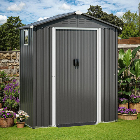 5x3 Ft Metal Outdoor Garden Storage Shed Waterproof with Window and Lockable Double Doors Durable Steel Tool Storage House