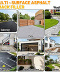 High Elasticity Asphalt Crack Filler For Driveways And Walkways shown in various outdoor settings like driveways and patios.