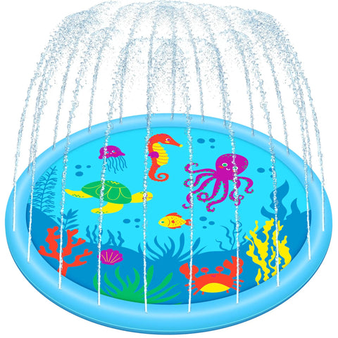 60 Inch Splash Pad Water Toy For Kids And Toddlers, Slip-Resistant Sprinkler Mat with sea creatures design and water jets