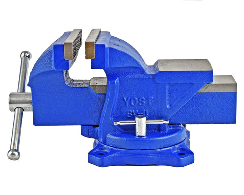 Heavy Duty Workhorse 4 Inch Bench Vise For Home Shop With 120 Degree Swivel Base, Powder Coat Blue Finish, side view