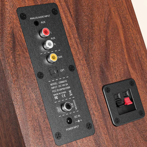Rear panel inputs of Bluetooth Bookshelf Speakers For Turntable Setup Powered Studio Monitor with multiple connections.