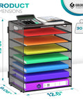 Front view of an 8 Tier Desk Paper Tray Organizer with handles mesh file holder storage, holding colorful file folders, in black.