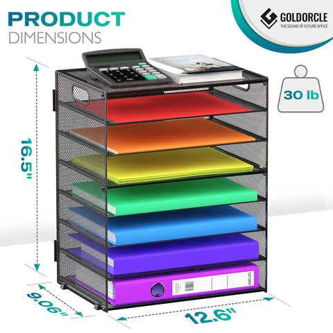 Front view of an 8 Tier Desk Paper Tray Organizer with handles mesh file holder storage, holding colorful file folders, in black.