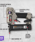 23 Gauge Pin Nailer 1-3-8in for Trim and Finish Work, Refurbished, lightweight aluminum body, features labeled details