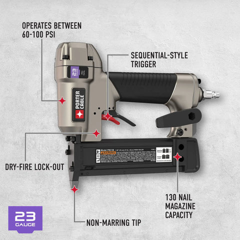 23 Gauge Pin Nailer 1-3-8in for Trim and Finish Work, Refurbished, lightweight aluminum body, features labeled details