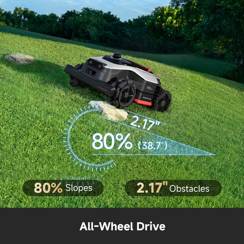 All Terrain Wire Free Robot Lawn Mower With AWD Climb 360 Degree LiDAR mowing on 80% slope in yard
