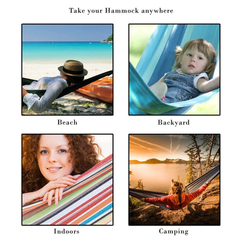 Collage of Double Outdoor Hammock With Stand And Carry Bag used at beach, backyard, indoors, and camping.