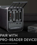 Kickstart Your Daily Hustle With This Professional Four Bay Docking Station featuring Thunderbolt and USB C ports, gray chassis.