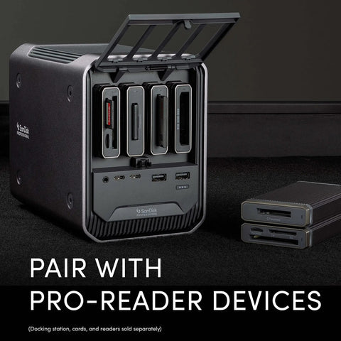 Kickstart Your Daily Hustle With This Professional Four Bay Docking Station featuring Thunderbolt and USB C ports, gray chassis.