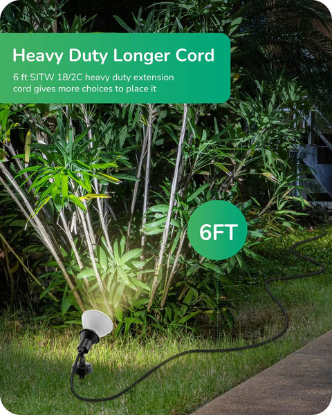 Outdoor 120V LED Flood Lights Plug In Waterproof Landscape Spotlight illuminating garden with 6 ft cord displayed.