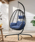 Foldable Egg Chair With Stand For Indoor And Outdoor Use Wicker Rattan Swing Chair 485 Lbs Capacity Strong Iron Frame UV Resistant Cushion Patio Balcony Blue