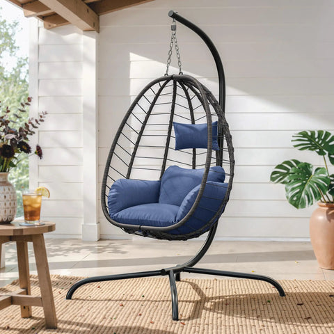 Foldable Egg Chair With Stand For Indoor And Outdoor Use Wicker Rattan Swing Chair 485 Lbs Capacity Strong Iron Frame UV Resistant Cushion Patio Balcony Blue