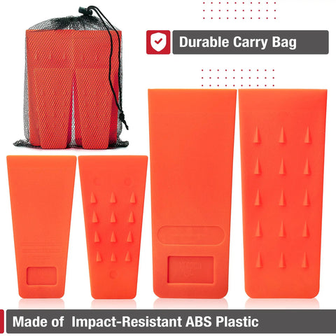 Heavy Duty Tree Felling Wedges 4 Pack With Tough As Nails Spike Bases Guaranteed No Pinch Split High Impact Abs Plastic shown in a carry bag.