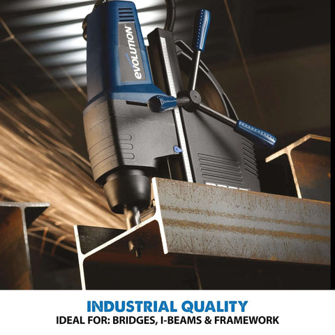 Evolution EVOMAG42 magnetic drilling system installed on a steel I-beam; 1 5/8 in diameter, 2 in depth