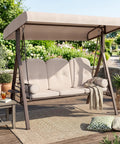 Three Seat Patio Swing Chair With Adjustable Canopy Cozy Outdoor Porch Swing Glider With Removable Cushions Beige garden setting